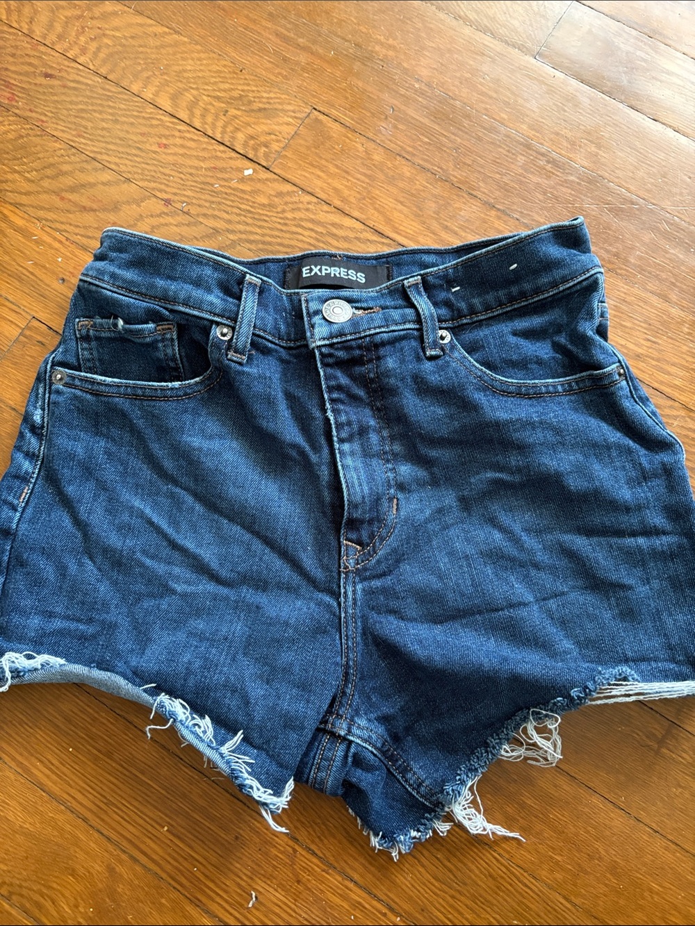Express Dark Blue Frayed High-Rise Denim Shorts
